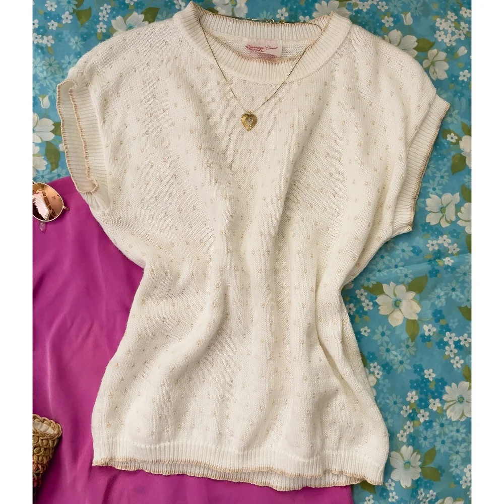 80s Vintage White Sweater Vest w/ Tan Polka Dots - Picture 1 of 8